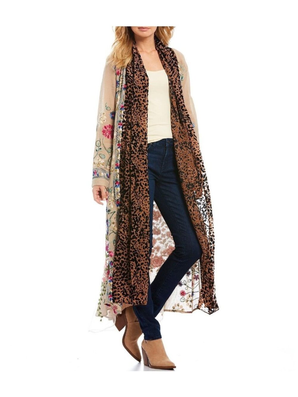 NWT Aratta sz M Kensington Gardens Floral Embroidered Cheetah Trim Maxi Cardigan